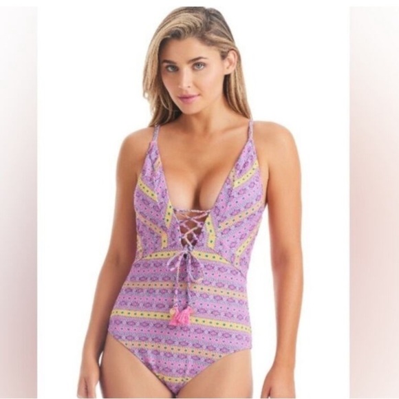 JESSICA SIMPSON Shine Bright Lace-up One Piece Swim Swimsuit swimwear M - Picture 2 of 9